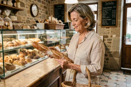 Femme achetant une baguette dans une boulangerie de quartier traditionnelle avec ardoise des prix