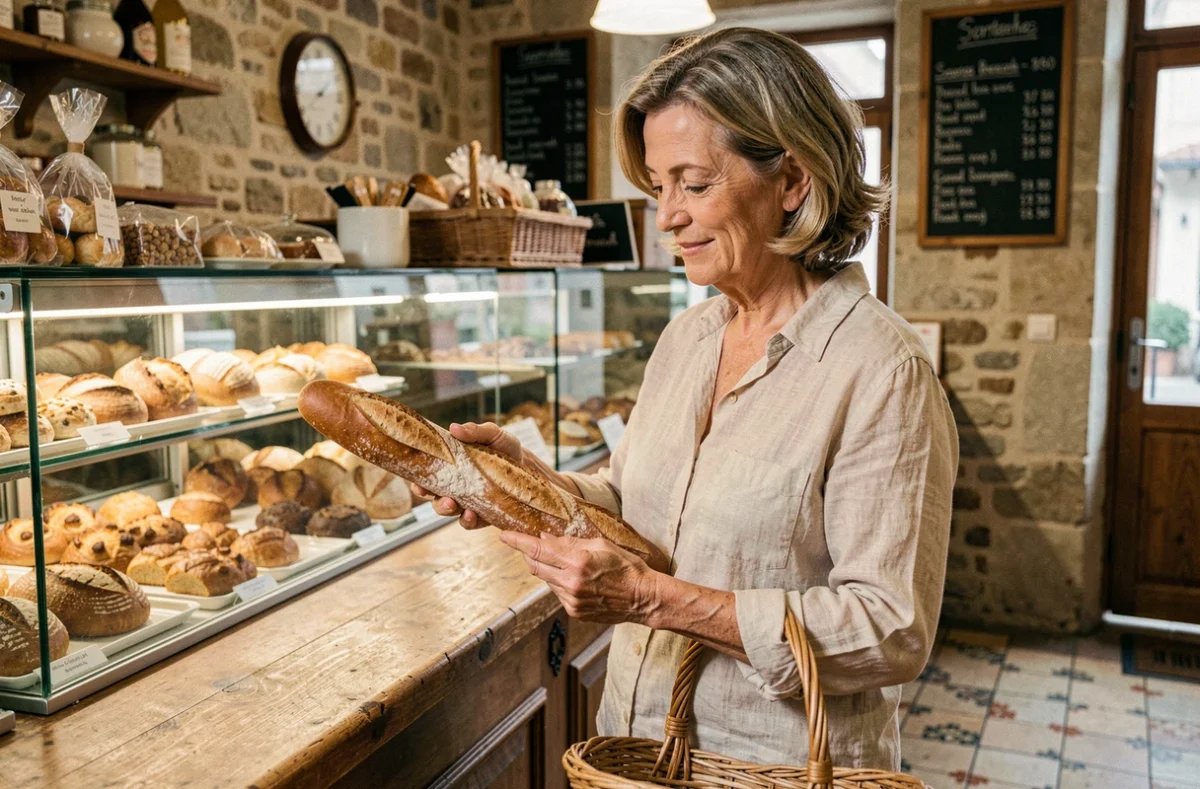 Femme achetant une baguette dans une boulangerie de quartier traditionnelle avec ardoise des prix