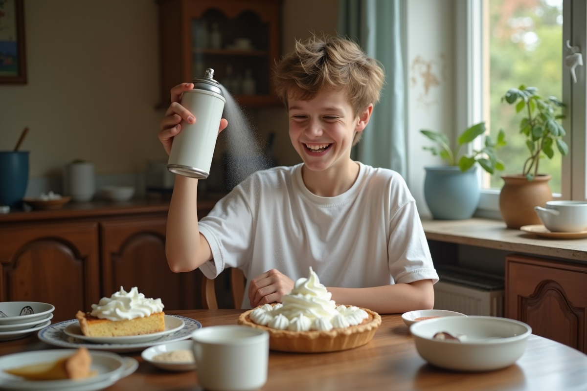 Ado souriant en train de mettre de la crème sur une tarte