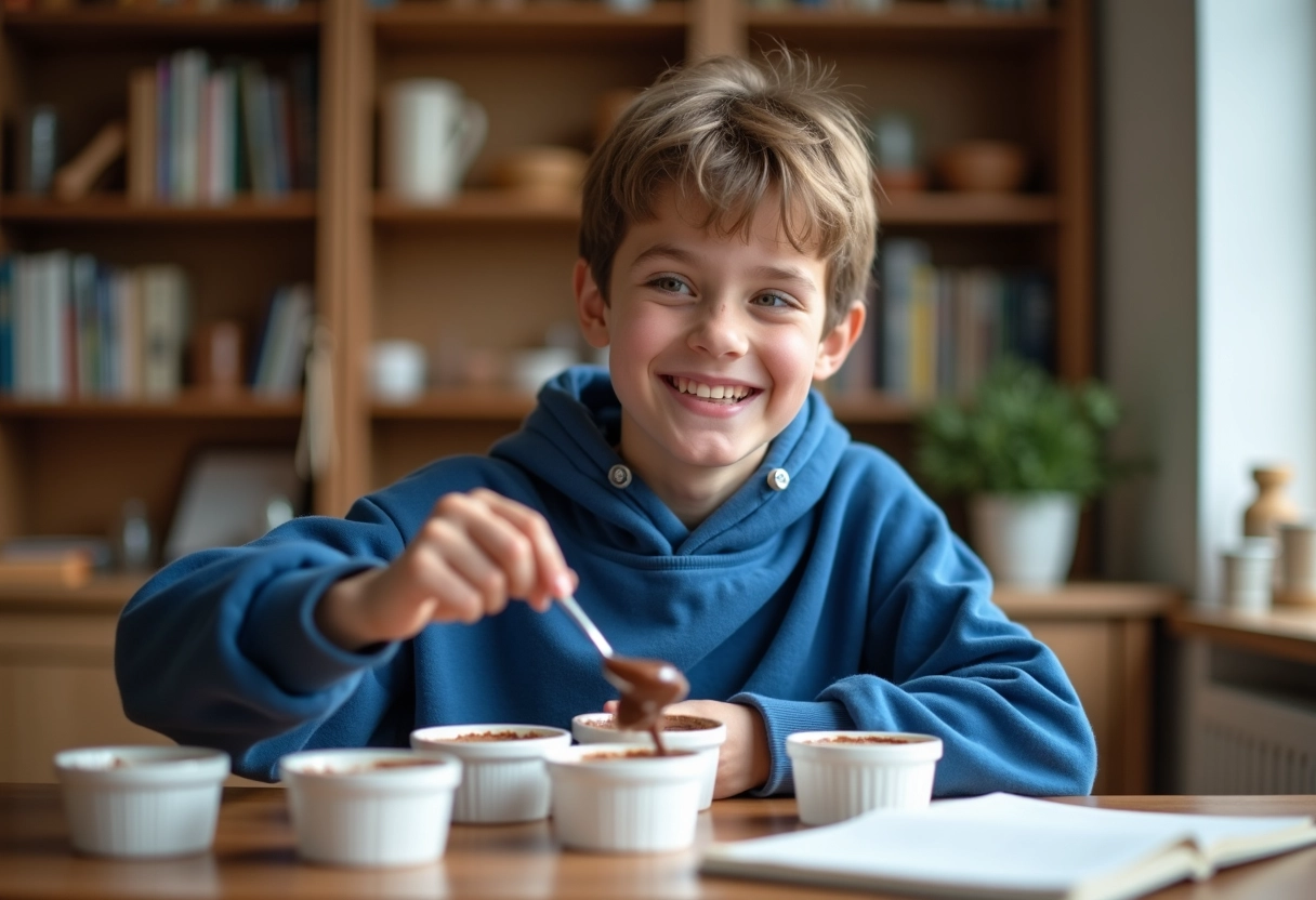 Adolescent versant crème chocolatée dans des ramekins
