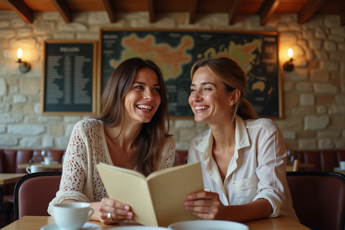 Deux amies souriant en consultant le menu d'un bistrot traditionnel occitan au centre-ville de Carcassonne, avec décor authentique en pierre et bois