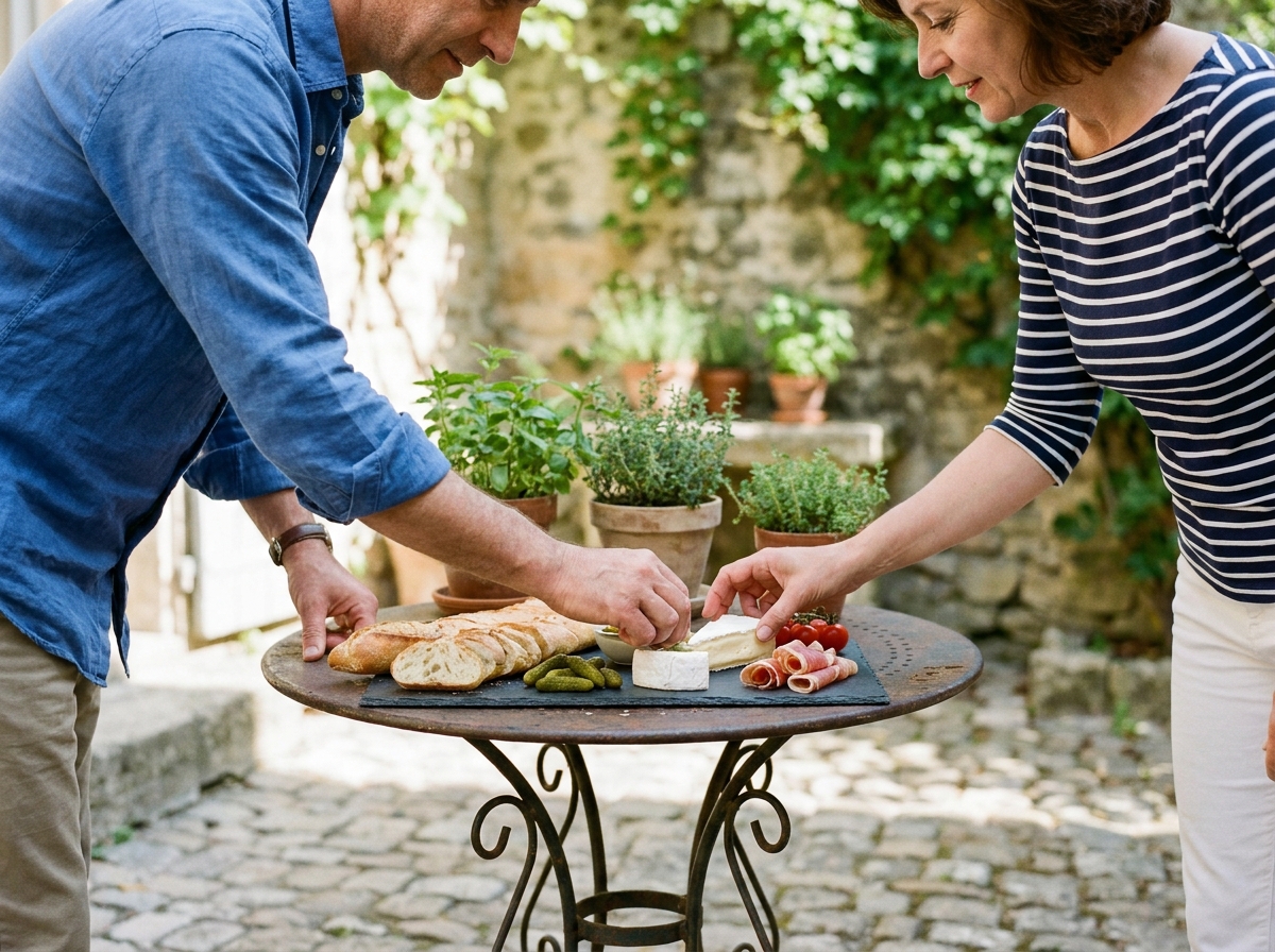Deux personnes partageant un plateau apéro simple avec fromage, charcuterie et baguette sur une terrasse en pierre