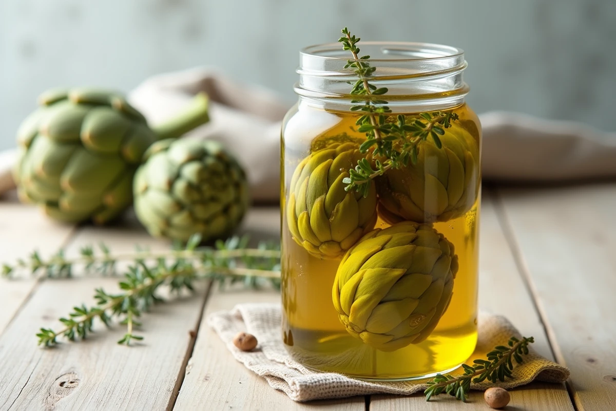 Bocal d'artichauts marinés dans l'huile d'olive avec des herbes aromatiques et des grains de poivre