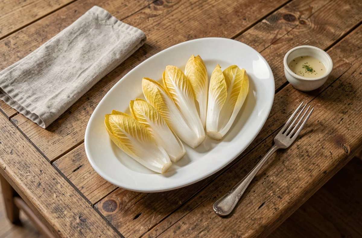 Assiette d'endives cuites à la vapeur présentées en éventail sur une table en chêne avec une vinaigrette légère