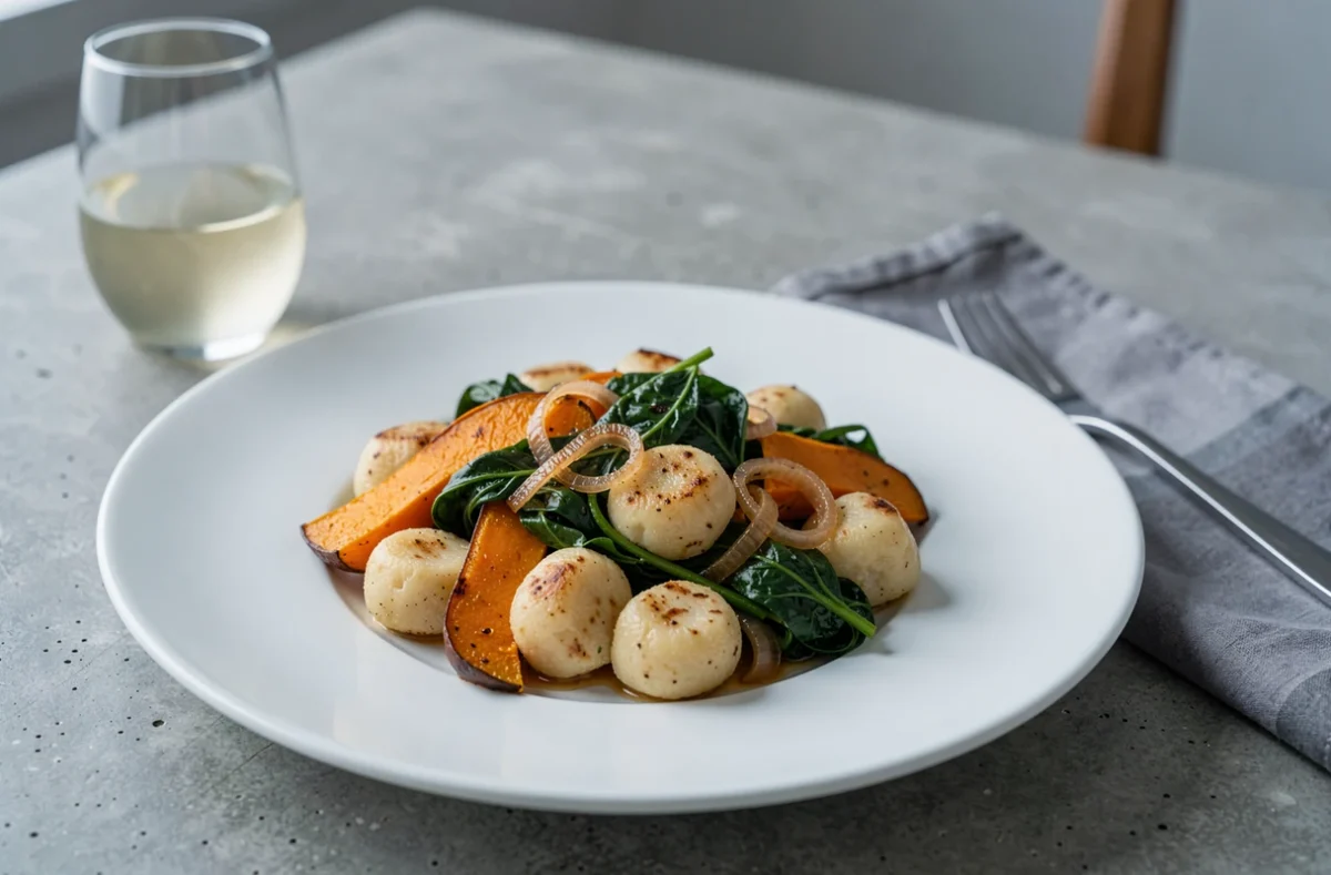 Assiette de gnocchi poêlés avec courge butternut, épinards et oignons caramélisés sur table en béton, accompagnés d'un verre de vin blanc