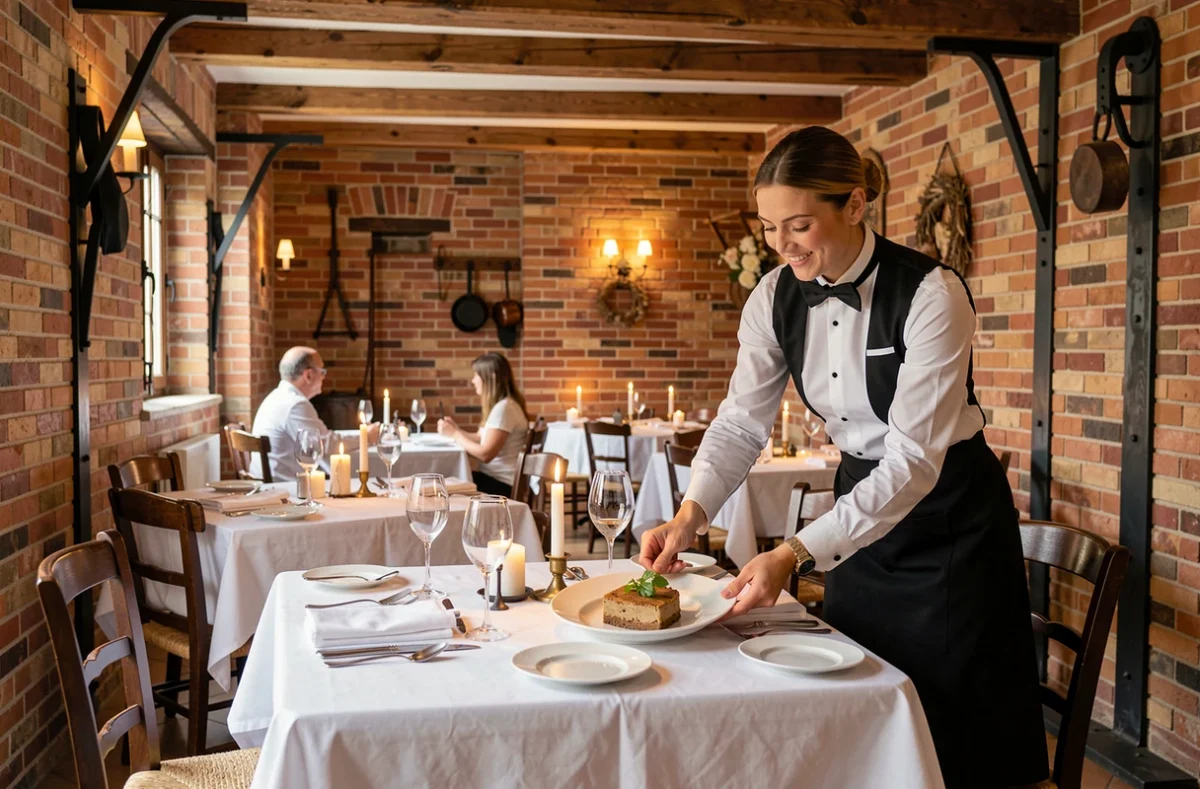 Salle de restaurant rustique et raffinée de L'Auberge du Forgeron à Seclin, avec décor en brique et ambiance chaleureuse