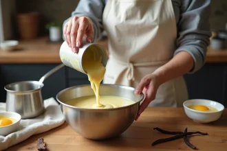 Femme versant une base de crème anglaise dans une sorbetière pour faire une glace maison à la vanille