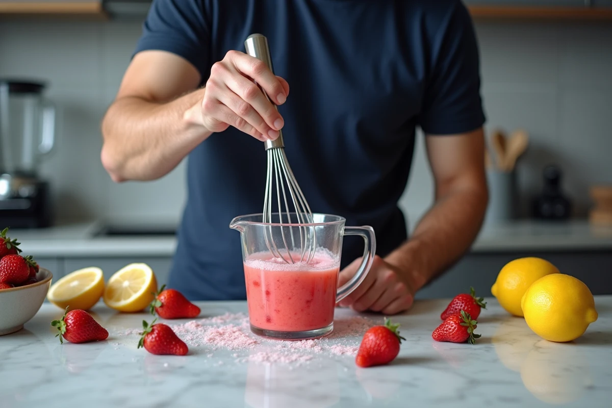 Homme pr&eacute;parant une base de sorbet aux fraises avec du sirop de sucre et du citron dans une cuisine moderne