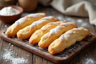 Biscuits cuillère à l'ancienne dorés et saupoudrés de sucre glace sur une grille de refroidissement en bois dans une cuisine de pâtisserie rustique