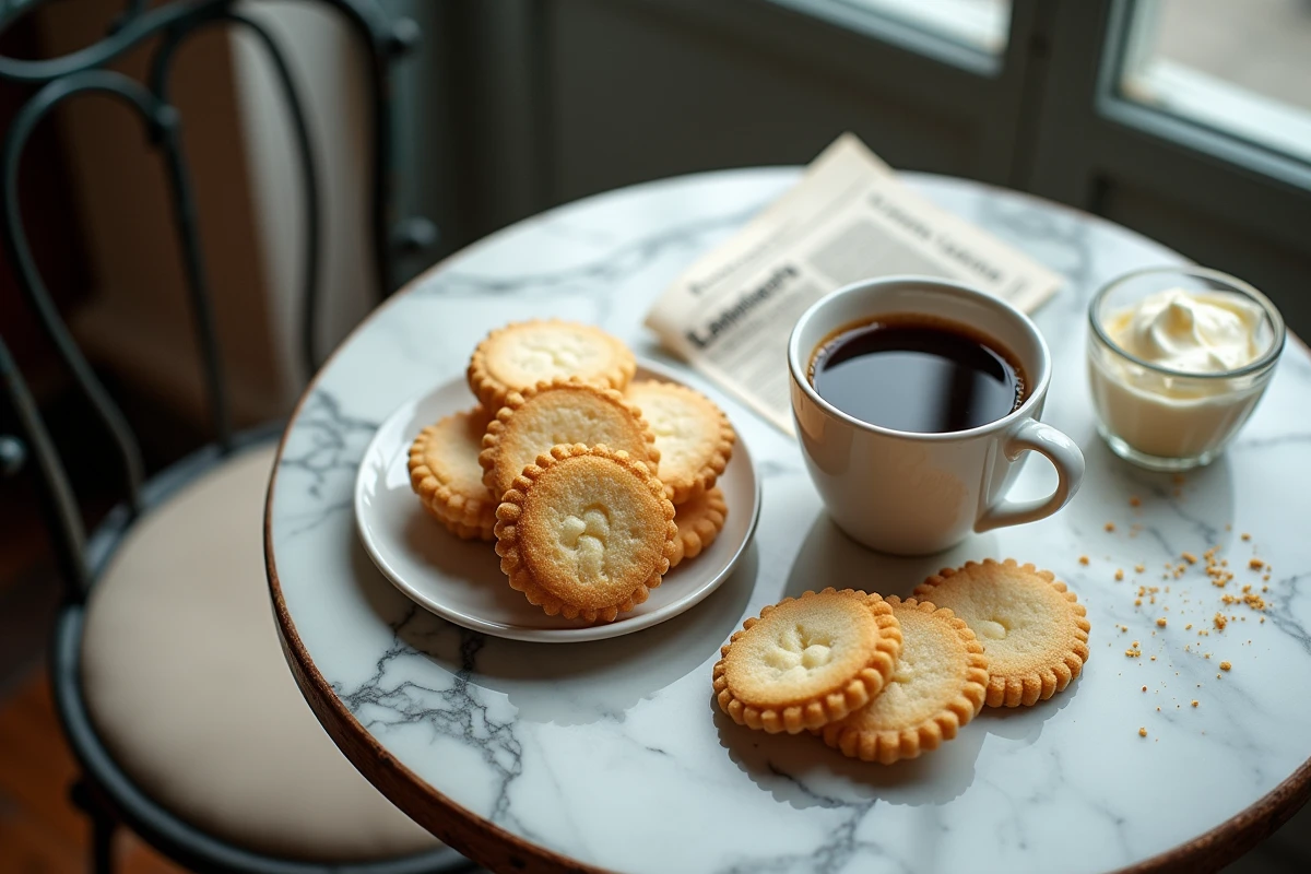Biscuits cuillère disposés près d'un expresso et d'une crème mascarpone sur une table en marbre bistro parisien pour une recette de tiramisu