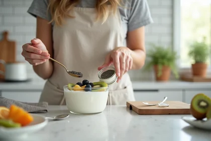 Femme préparant un bol de yaourt aux graines de chia avec fruits frais dans une cuisine moderne
