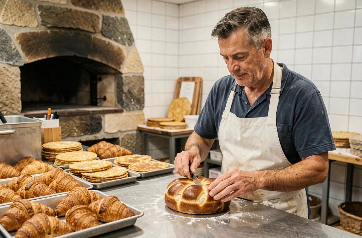 Artisan boulanger Thomas Corand décorant une brioche vendéenne dans son laboratoire à Saint-Jean-de-Monts