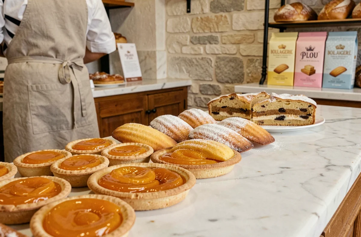 Assortiment de pâtisseries artisanales de la Boulangerie Plou Plou en Maine-et-Loire, avec tartes aux fruits et opéra sur comptoir en marbre