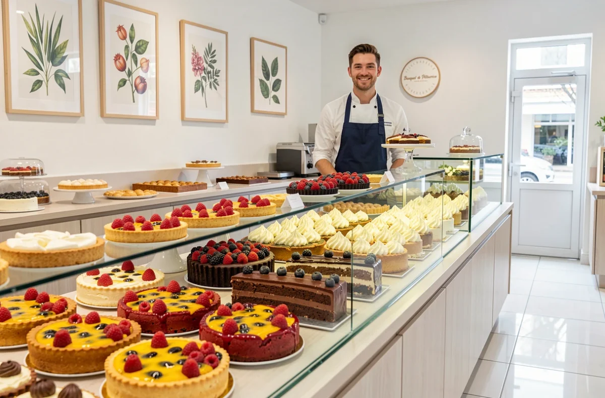 Comptoir coloré et modern de Bouquet de Pâtisseries à La Roche-sur-Yon avec tartes fruits et gâteaux ganache présentés par le pâtissier