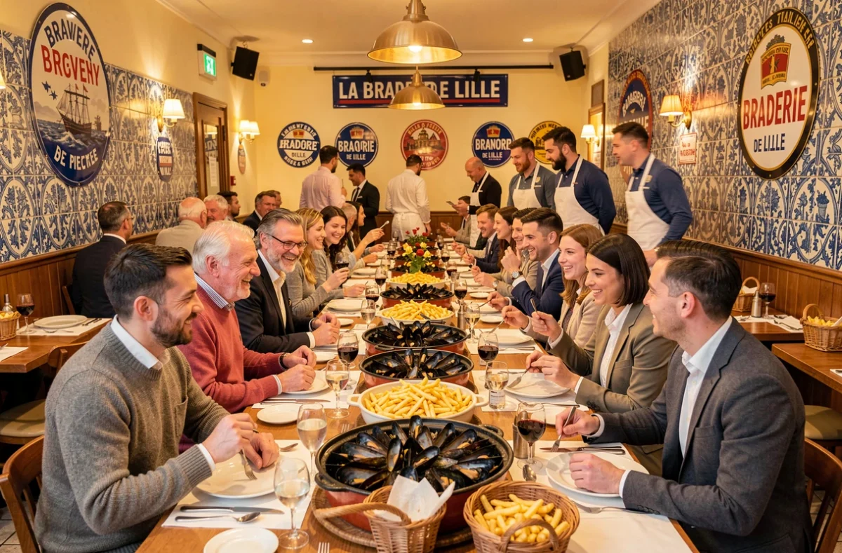 Ambiance festive et conviviale d'un grand repas de brasserie lilloise évoquant l'esprit de la Braderie de Lille