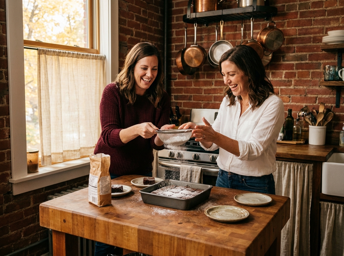 Deux amies riant en préparant des brownies maison pour des invités inattendus dans une cuisine chaleureuse avec briques apparentes