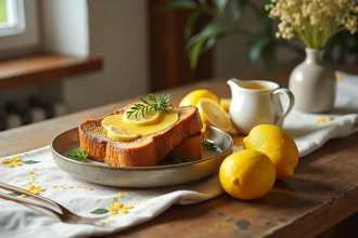 Table de brunch rustique avec pain perdu au citron, zestes et sauce hollandaise citronnée sur bois brut