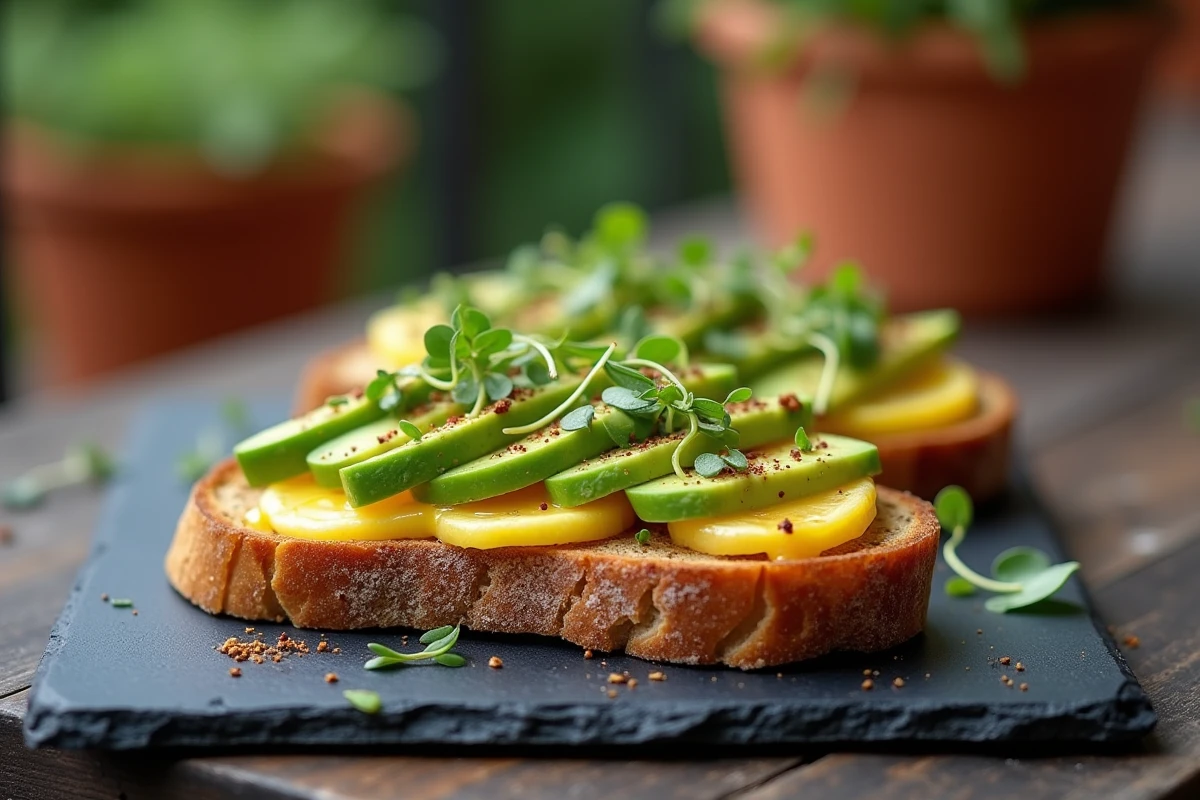 Bruschetta sucrée-salée au curd de citron, avocat, flocons de piment et microgreens sur ardoise