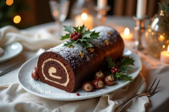 Bûche marron gâteau de Noël décorée de marrons glacés, étoiles dorées et houx sur une table festive en lin ivoire