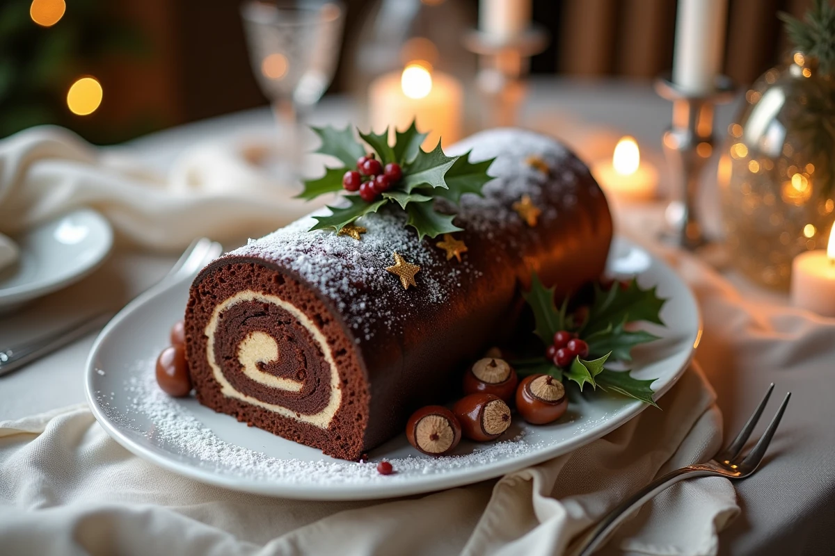 Bûche marron gâteau de Noël décorée de marrons glacés, étoiles dorées et houx sur une table festive en lin ivoire
