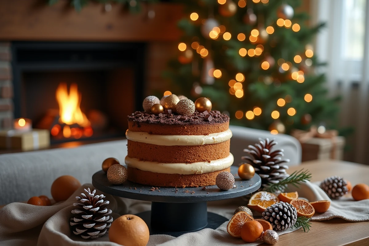 Table de buffet de Noël avec un gâteau au marron sur ardoise entouré de décorations dorées et de pommes de pin givrées
