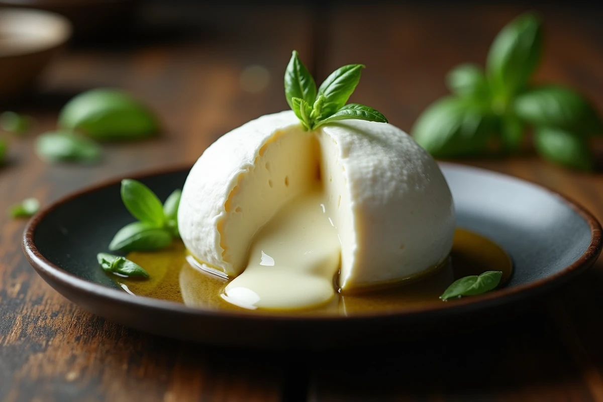 Burrata fraîche entière légèrement ouverte révélant son intérieur crémeux sur une assiette noire