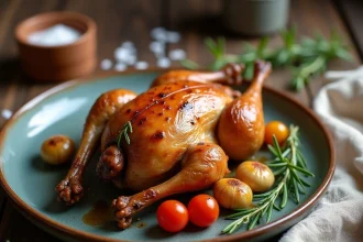 Caille rôtie dorée aux herbes sur assiette rustique, cuisson rapide en semaine
