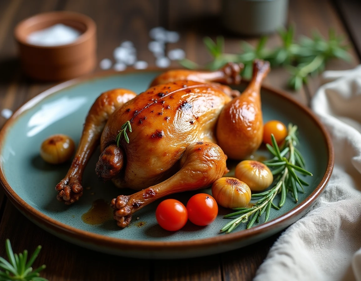 Caille rôtie dorée aux herbes sur assiette rustique, cuisson rapide en semaine
