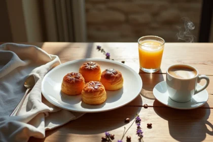 Table de brunch avec canelés dorés sur assiette blanche, café espresso et jus d'orange dans une cuisine parisienne rustique
