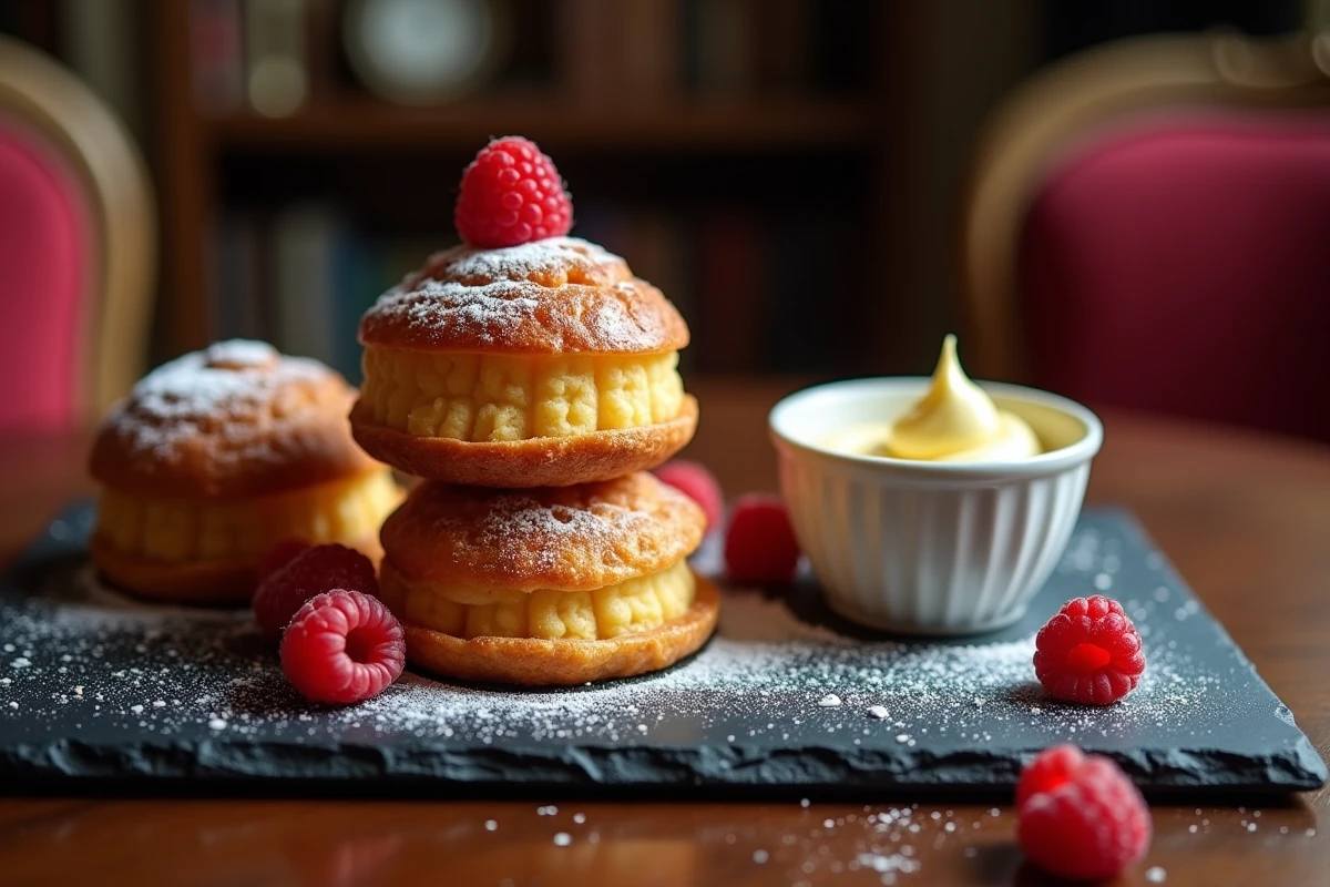 Présentation élégante de canelés sur ardoise avec crème vanille, framboises fraîches et sucre glace dans un café raffiné