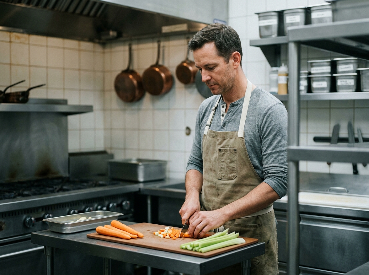 Homme en reconversion professionnelle pratiquant des techniques de cuisine dans une cuisine professionnelle pendant sa formation CAP
