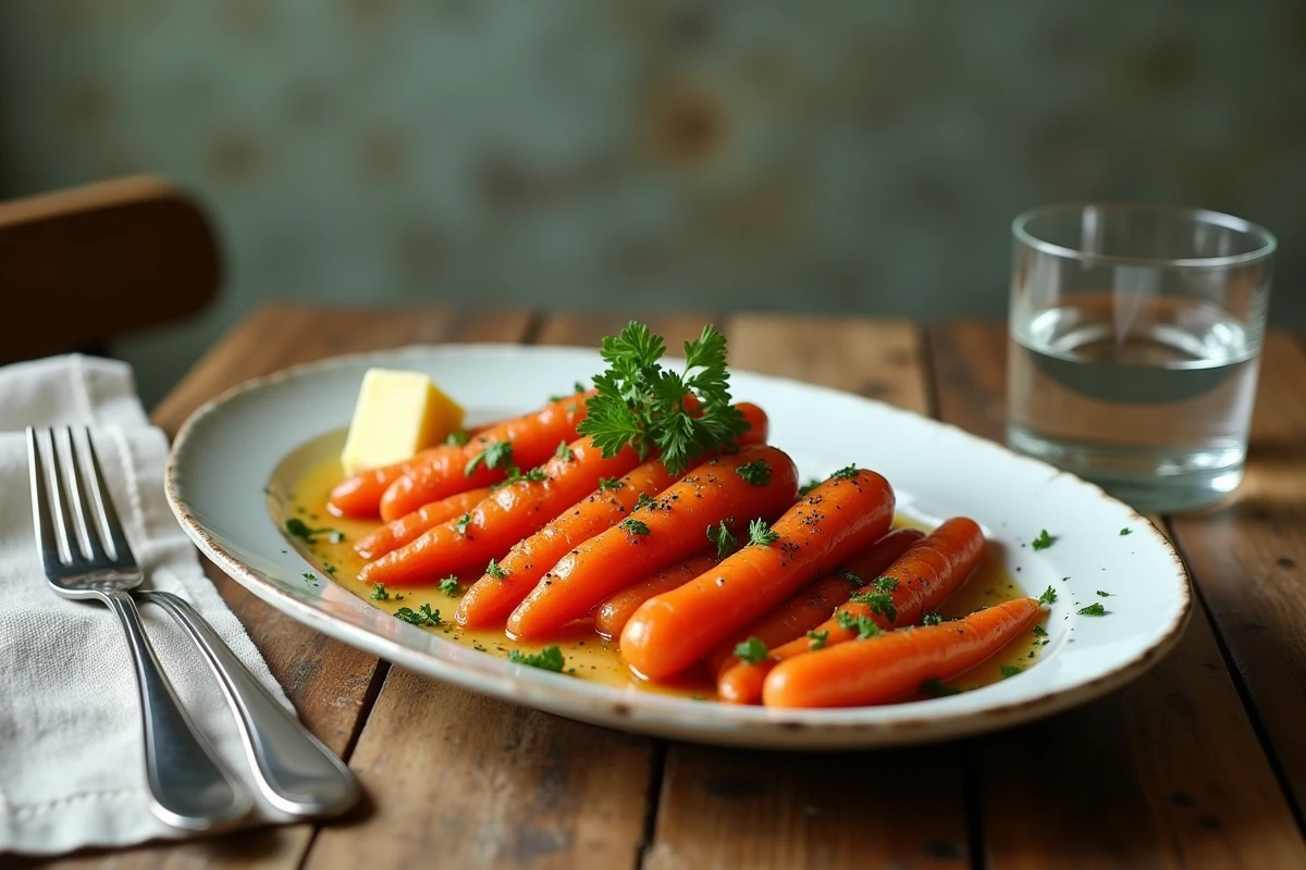 Carottes cuites à l'anglaise revisité présentées sur un plat en céramique blanche avec persil frais et beurre fondu sur une table en chêne