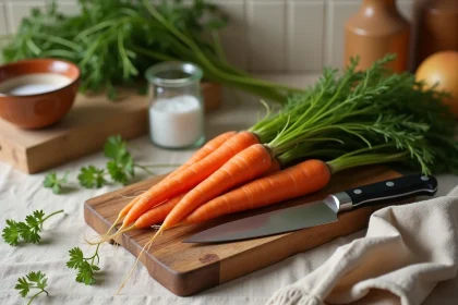 Carottes fraîches entières avec leur fane sur une planche en bois rustique, couteau de chef et herbes fraîches dans une cuisine maison