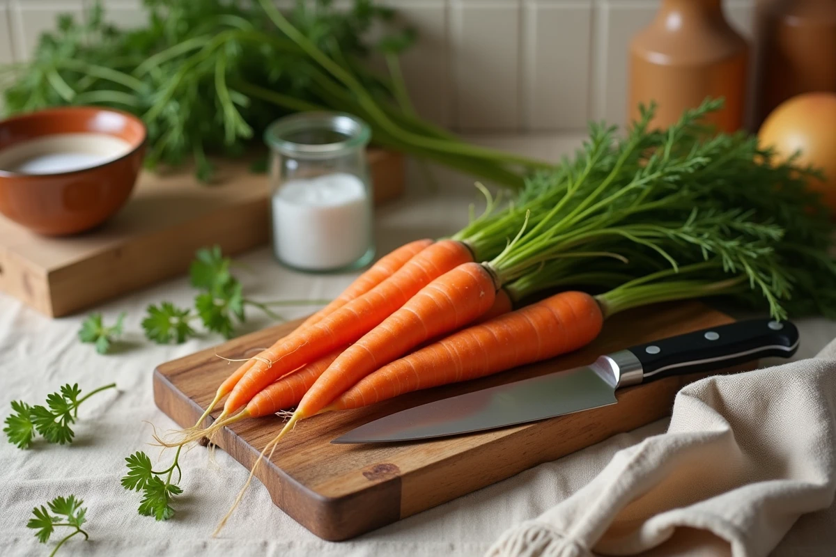 Carottes fraîches entières avec leur fane sur une planche en bois rustique, couteau de chef et herbes fraîches dans une cuisine maison