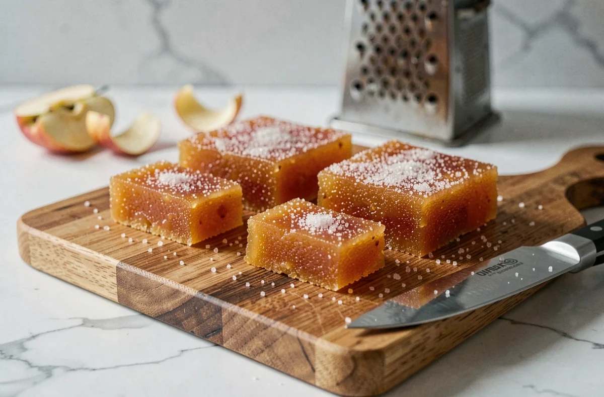 Carrés de pâte de fruit à la pomme saupoudrés de sucre cristallisé disposés sur une planche en bois, préparés au four selon une méthode alternative