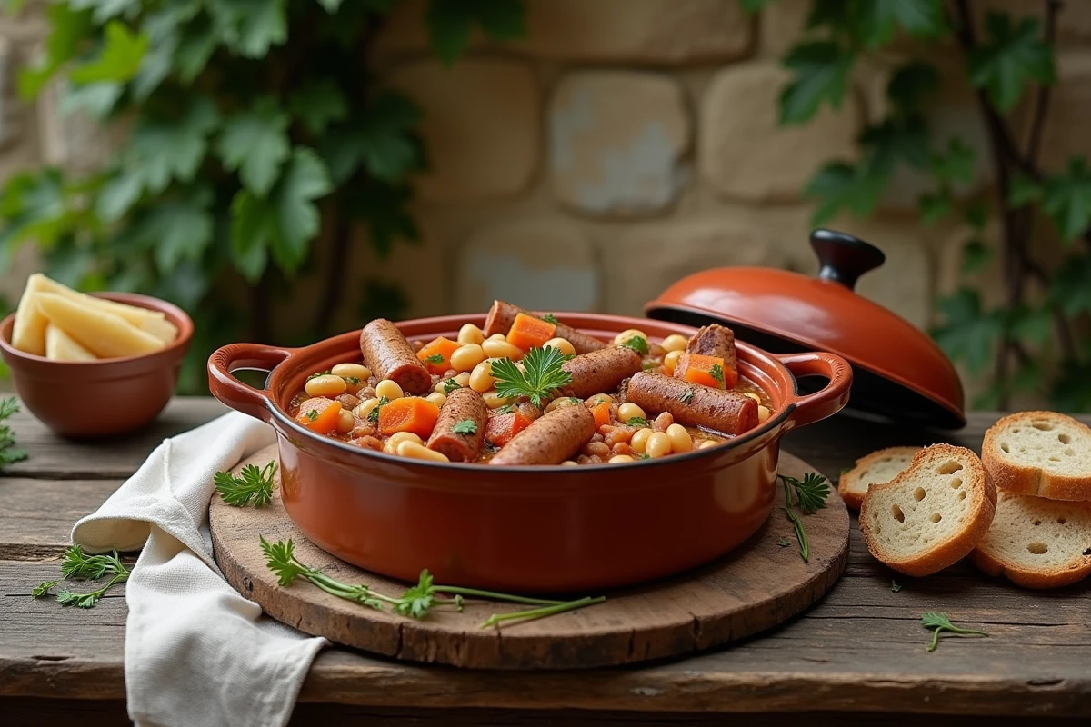 Cassoulet toulousain dans un plat en terre cuite sur une terrasse