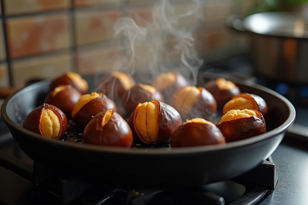 Châtaignes incisées grillant dans une poêle en fonte perforée sur une cuisinière à gaz avec vapeur visible