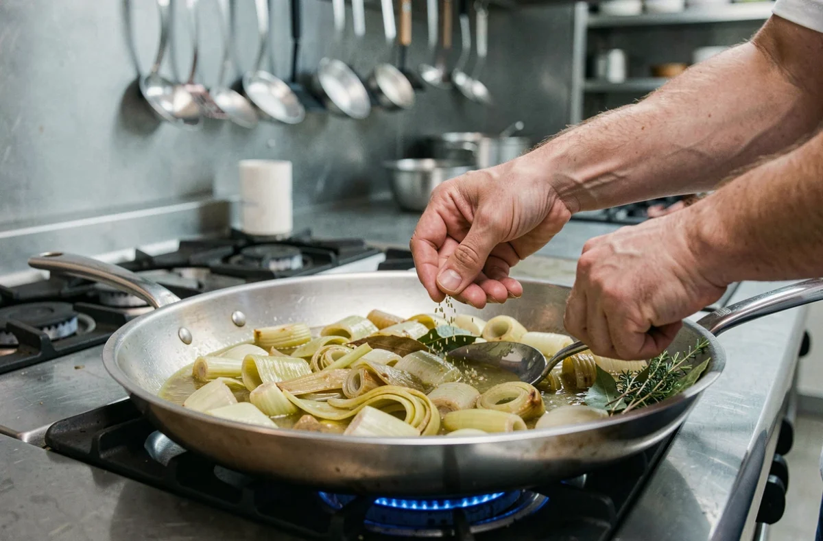 Chef assaisonnant une poêle de poireaux braisés au vin blanc pour une fondue savoureuse