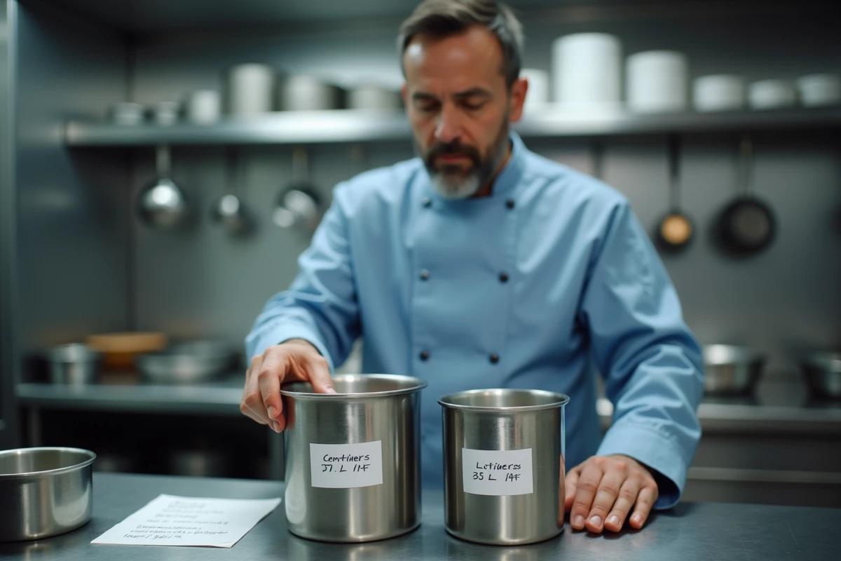 Chef professionnel comparant des récipients gradués en centilitres et en litres dans une cuisine de restaurant, aide visuelle pour la conversion des unités