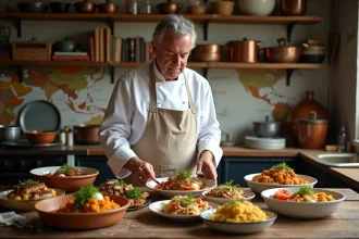 Chef en veste blanche présentant plats européens traditionnels