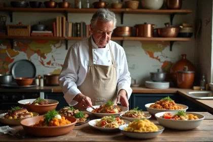 Chef en veste blanche présentant plats européens traditionnels