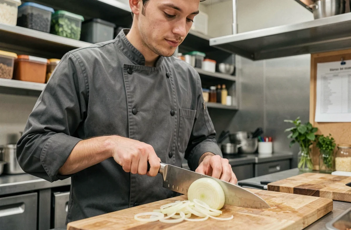 Chef cuisinier découpant un oignon en tranches dans une cuisine professionnelle de restaurant