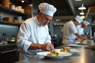 Chef français en action dans une cuisine moderne en train de dresser un plat