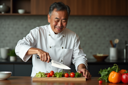 Chef japonais avec nakiri et légumes frais dans une cuisine moderne