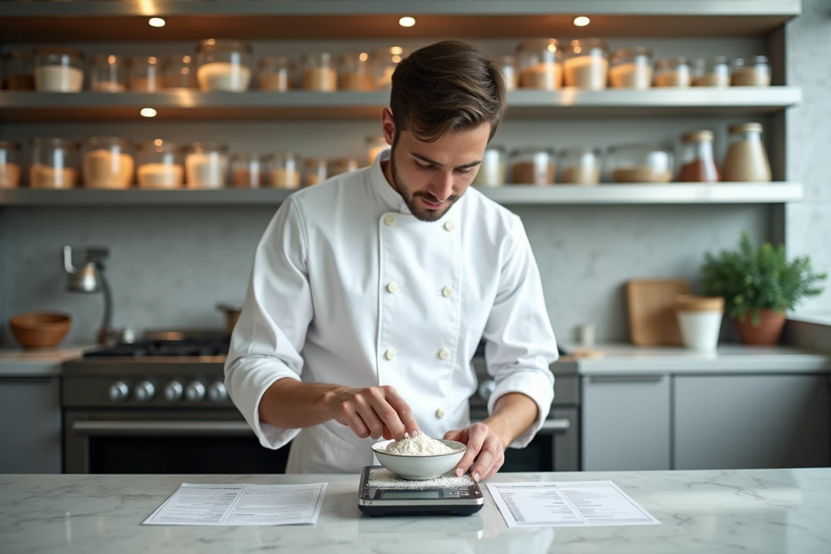 Jeune chef p&egrave;se de la farine sur une balance en cuisine moderne