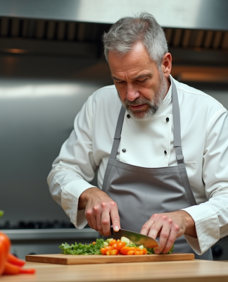 Chef en cuisine préparant des légumes frais