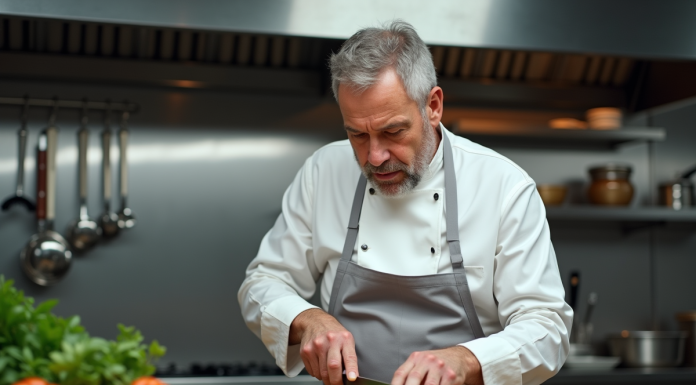 Chef en cuisine préparant des légumes frais