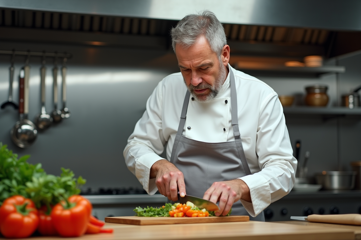 Chef en cuisine préparant des légumes frais