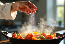 Chef saupoudrant du sel sur légumes rôtis dans une cuisine lumineuse