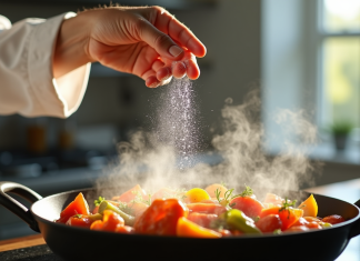 Chef saupoudrant du sel sur légumes rôtis dans une cuisine lumineuse